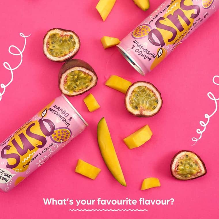 Mango & Passionfruit on pink background and 'whats your favourite flavour' words on the graphic